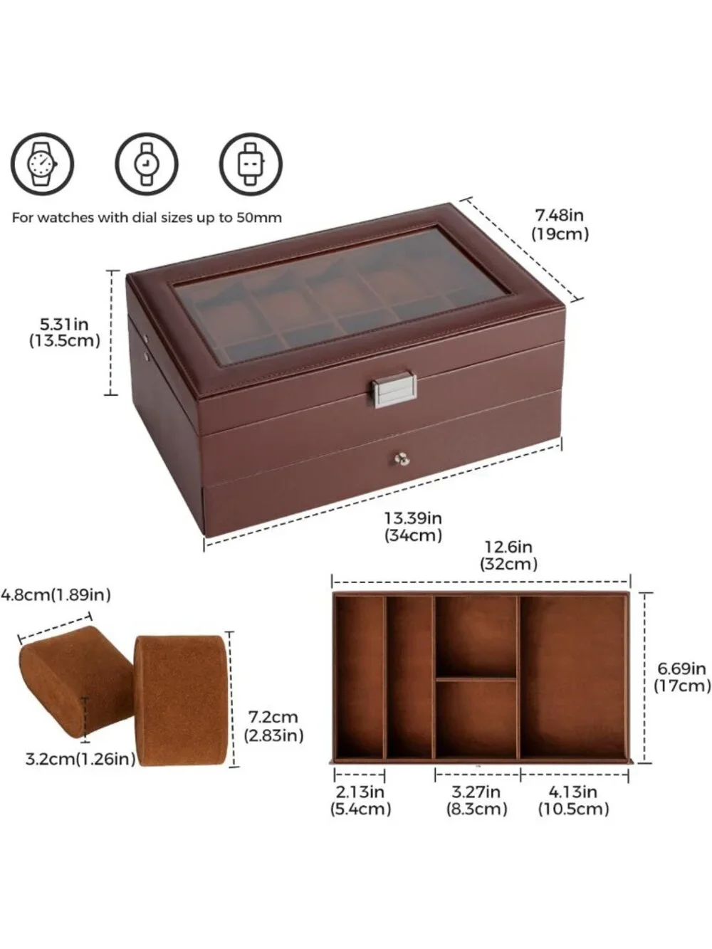 12-Slot Men's Watch Box Organizer with Drawer, Glass Lid - Perfect Gift for Dad
